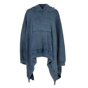 Chloe Blue Washed Indigo Knit Kangaroo Pocket Hooded Oversized Poncho S/M